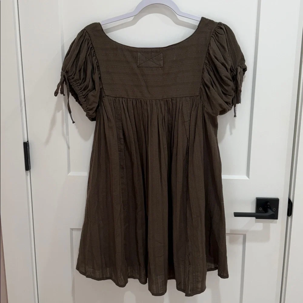 We The Free Chocolate Brown Puff-Sleeve Peasant Mini dress - Picture 3 of 3